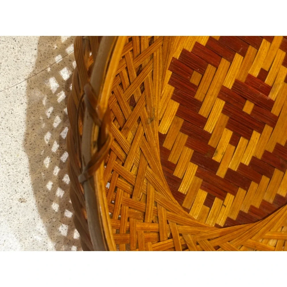 Vintage Woven Bamboo Basket Oval Lattice Diamond Pattern Boho Decor